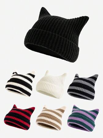 1pc Fashionable Striped Cat Ear Knit Beanie Hat For Men, Cute Versatile Warm Pullover Hat For Women, Suitable For Autumn/Winter Daily Wear, Windproof, Warm, Outdoor Fashion Accessory, Great Gift Men's Winter Clothing
