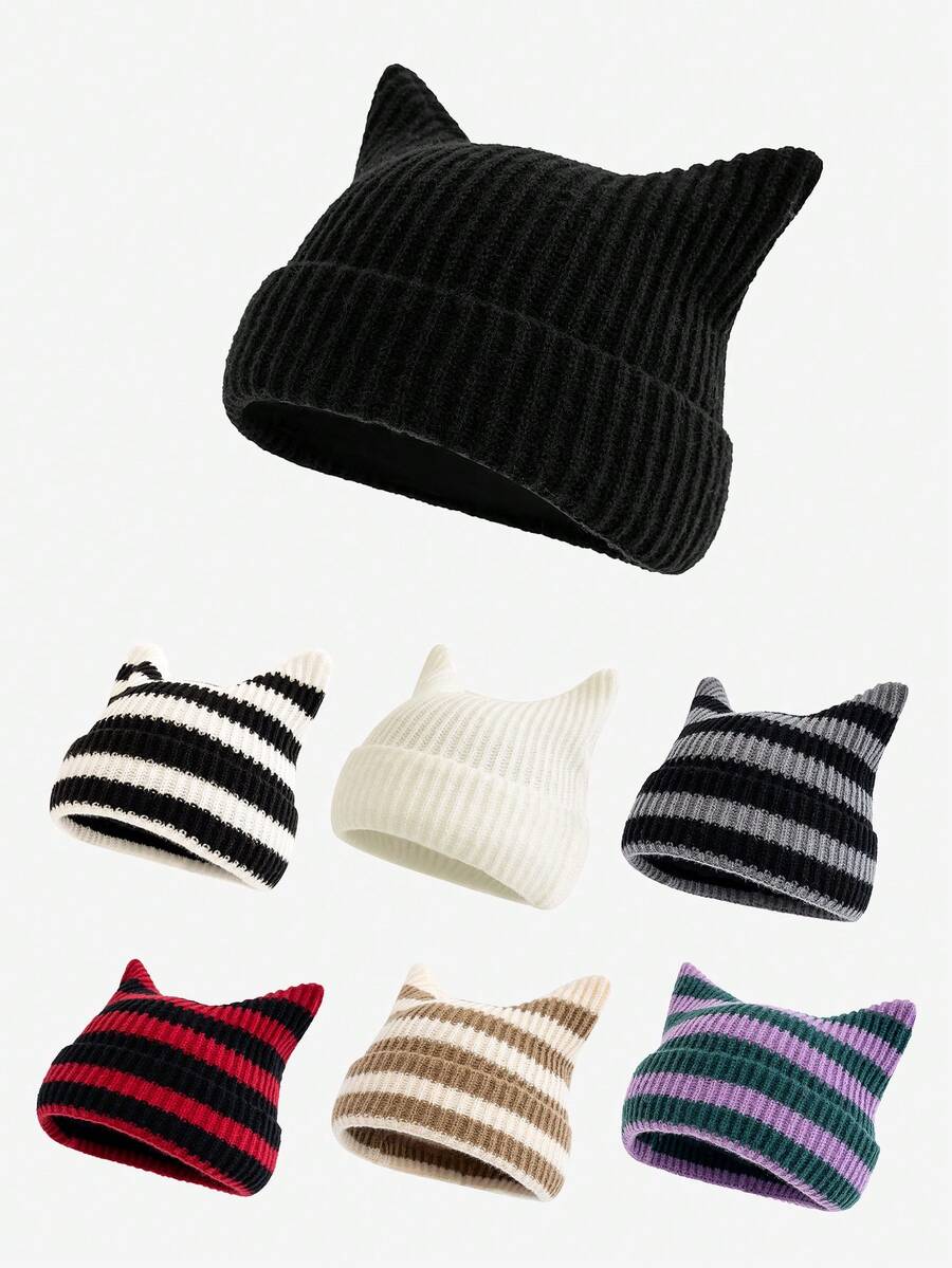 1pc Fashionable Striped Cat Ear Knit Beanie Hat For Men, Cute Versatile Warm Pullover Hat For Women, Suitable For Autumn/Winter Daily Wear, Windproof, Warm, Outdoor Fashion Accessory, Great Gift Men's Winter Clothing - Multicolor - View 1
