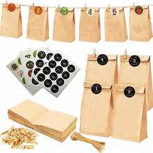 Mvyc Calendario dell'Avvento Natalizio 2025 (riempibile), 24 sacchetti di carta natalizia, 24 adesivi numerati e molti adesivi fai-da-te, mollette in legno, corda di iuta Calendario dell'Avvento fai-da-te Sacchetti regalo (adatti per artigianato e regali)