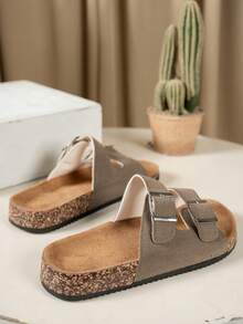 女士软木底复古露趾透气凉鞋，舒适防滑耐穿，女士夏季勃肯鞋。双扣设计可调节尺寸，适合纤细脚型。 - 卡其色 - 查看 5