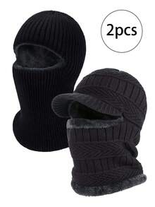 1/2/3 piezas Pasamontañas unisex de terciopelo y punto grueso, cuello a prueba de viento, máscara de esquí de cara completa con un solo orificio, adecuada para viajes diarios, ciclismo, esquí y otras ocasiones. Gorro a prueba de viento para mujer, gorro de punto, gorra con visera, pasamontañas