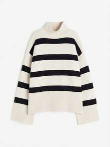 女士时尚针织条纹宽松高领长袖套头衫，常规长度，时尚侧开衩，适合日常穿着 - 黑杏色 - 查看 6