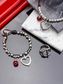 1 Piece / 3 Pieces Set: European American Gothic Pagan Style Hollow Heart-Shaped Red Beaded Pendant Leather Cord Beaded Necklace, Collarbone Chain + Round Ring + Heart-Shaped Bracelet, Suitable For Women's Daily Wear And As Halloween Christmas Gifts