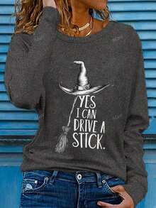 Witch Hat Yes, I Can Drive A Stick Halloween Broomstick Funny Graphic Print Long Sleeve T-Shirt, Casual Crew Neck Women Tee For Fall, Nightmare Before Christmas-Unisex Casual Vintage - Style Cotton Long - Sleeved Top - 深灰色 - 查看 3