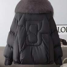 Women's Elegant Down Jacket Coat, Black Woven Fabric, Long Sleeve, Regular Hem, With Faux Fur Waterfall Collar And Pockets, Fur Collar Padded Coat, Winter - Black - View 7