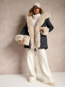 Parka Jacket With Hood And Detachable Fur Trims - Navy Blue - View 3