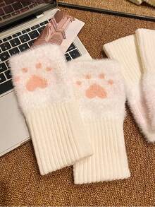 1 Paar Mink-Fleece Weiche Winter Halbfinger Handschuhe für Damen, warm, luxuriös, einfarbig weiß, flauschig gestrickt, fingerlos, Handgelenkstulpen