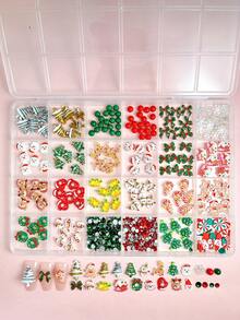 1盒随机混合ABS卡通圣诞美甲饰品，3D圣诞老人、圣诞树、雪人、铃铛、可爱圣诞蝴蝶结花环，镶嵌红色和绿色水钻，美甲配件DIY美甲 - 彩色 - 查看 5