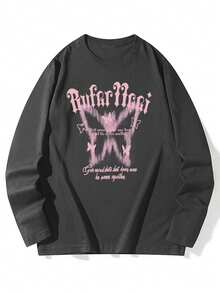 New Autumn/Winter Women Round Neck Butterfly & Letter Print T-Shirt, Casual Lovely Oversized Drop Shoulder Long Sleeve Tee Top