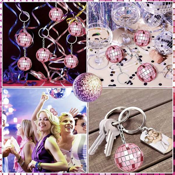 Llavero de bola de discoteca rosa - Mini bola de espejo con anillo de metal, favor de fiesta con brillo de los años 70 y 80, adecuado para bodas, cumpleaños, fiestas de damas - Decoración de plástico/vidrio duradero, para props de fotos y regalos, decoración de fiesta de discoteca, decoración de fiesta de damas, decoración de fiesta retro, superficie brillante, Halloween, Navidad