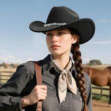 Classic Western Felt Cowboy Hat With Wide Brim For Outdoor Use - 1 Paket Gaya 7: Hitam Berkilau - View 11