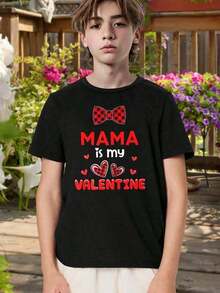 Mama's My Valentine Kids' T-Shirt - Cute Red Heart Bowtie Outfit For Valentine's Day - Toddler Youth Sizes - Perfect Gift For Boys Girls - 黑色 - 查看 1