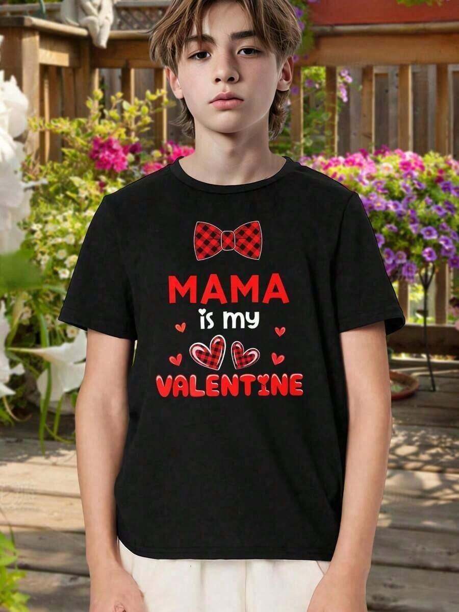 Mama's My Valentine Kids' T-Shirt - Cute Red Heart Bowtie Outfit For Valentine's Day - Toddler Youth Sizes - Perfect Gift For Boys Girls - 黑色 - 查看 1