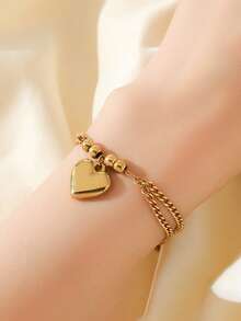 Multi-Layer Gold Heart Pendant Necklace & Bracelet Jewelry Set For Women, Stainless Steel Everyday Wear & Gift - Yellow Gold - View 5