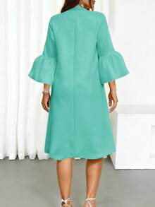 女装夏季休闲纯色立领灯笼袖甜美温柔优雅中长连衣裙 - 青碧色 - 查看 3