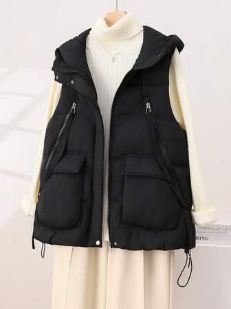 Women's Winter Sleeveless Padded Vest, Solid Color Romantic Casual Warm And Comfortable, Pocket Zipper Decoration, Hooded Front Button Design, Fashionable And Versatile For Commuting And Outings, Women's Winter Sleeveless Coat Vest