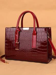 New Crocodile Embossed Handheld Tote Bag With Accessories - Black - View 8