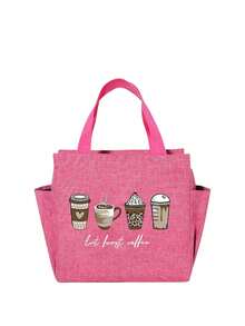 A Thermal Lunch Bag With Four Cups Of Black Coffee And A Heart, Leopard Print Pattern Printed On It,Insulated Bag With The "Lut Furst Caffee" Pattern Paired With A Black Cutlery Storage Bag