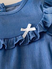 3pcs Baby Girls Spring/Autumn Long Sleeve Set, Stylish Denim Effect Princess Dress, Pants And Headband, Infant Clothing