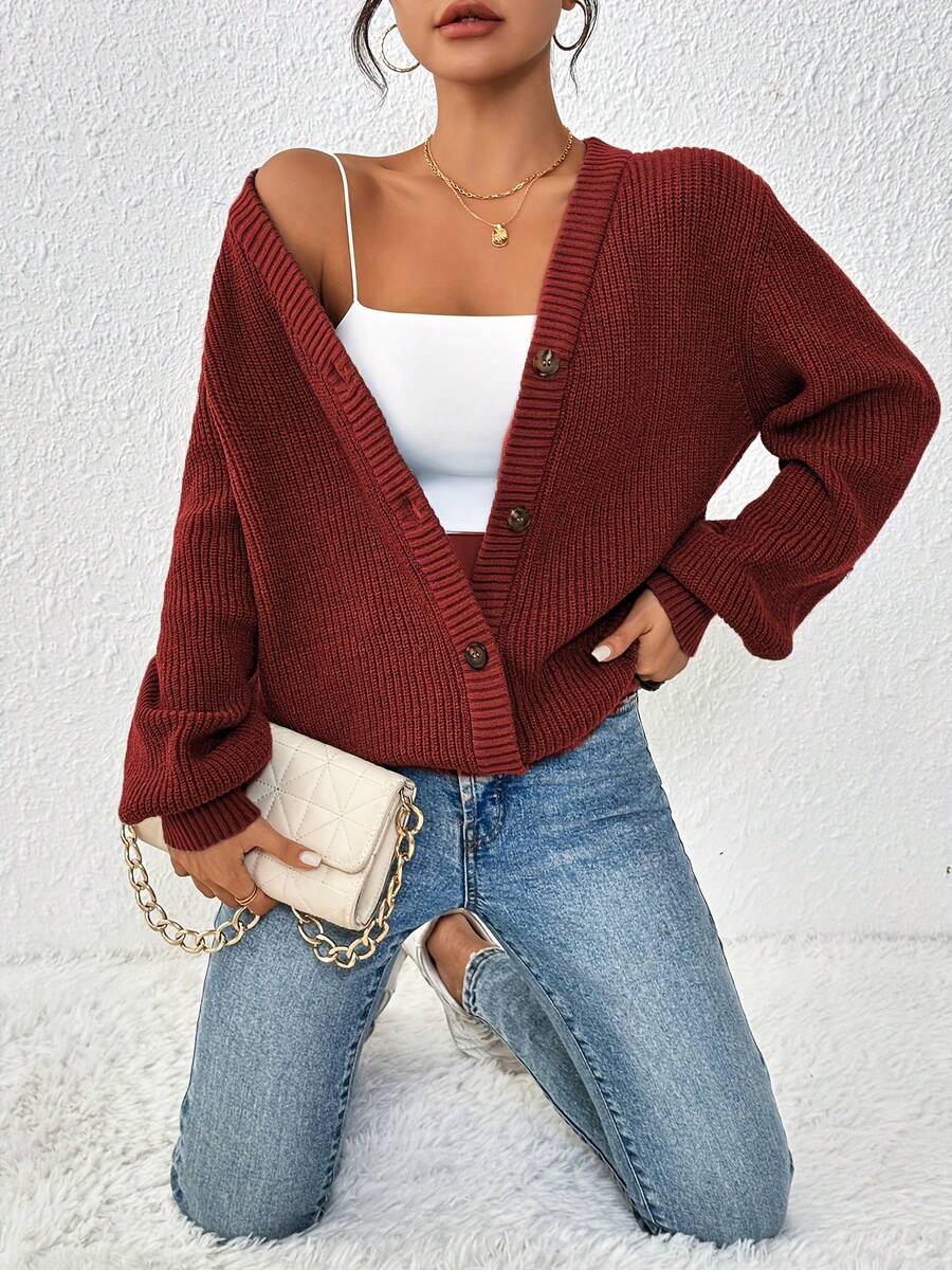 New Elegant Women's Solid-Color Front-Buttoned Knitted Cardigan Jacket For Work, Commuting And Dates - Red - View 1