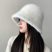1pc Autumn/Winter Korean Fashion Warm Faux Rabbit Fur Adjustable Bucket Hat, Versatile & Warm, Fits Large Head Circumference, White Fluffy Plush Bucket Hat Winter Warm - White - View 6