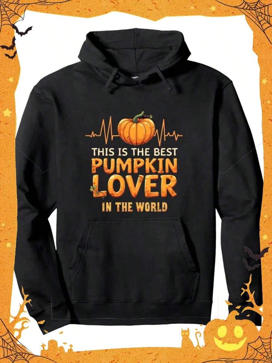 Men's Halloween Pumpkin Lover Graphic Hoodie - Black With Orange Print, Ultra-Soft Pullover Sweatshirt, Regular Fit Casual Streetwear, Mid-Stretch Fabric & Front Pocket For Fall Season, Halloween Clothes,Fall Hoodies,Men's Fall Clothes,Street Wear,Halloween,Mens Hoodies,Y2k Clothes,Jesus Hoodie,Thanksgiving Day,Nightmare Before Christmas,Christmas - 黑色 - 查看 1