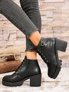 全新女式户外街头英伦复古刺绣经典翻领机车朋克时尚百搭系带侧拉链厚底舒适靴 - 黑色 - 查看 4