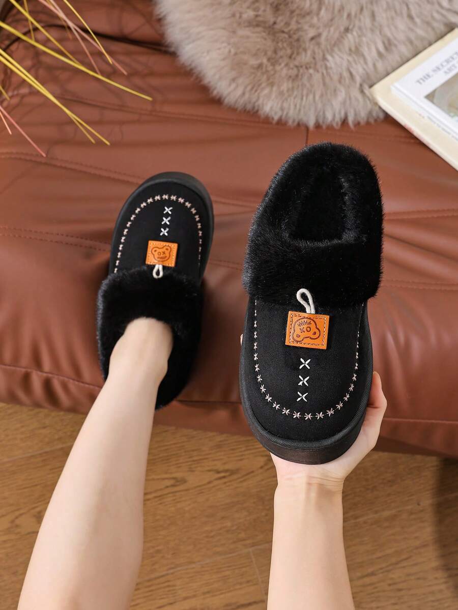 2pcs Boy & Girl Thick Plush Indoor Slippers, Winter Home Use