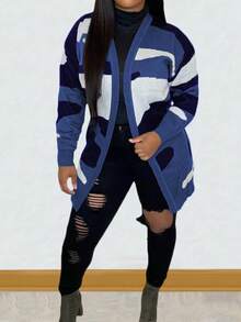 Cárdigan holgado de manga larga con bloque de color y estampado de camuflaje para mujer, cárdigan de punto ligero para otoño/invierno, vacaciones de otoño - Azul - Ver 4