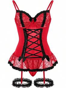 Sheer Mesh Corset Lace-Up Garter Belt Babydoll Lingerie Set - Merah Hitam - View 11