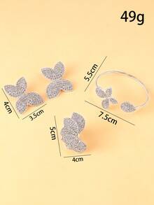 4pcs/Set European & American Fashion New Fully Rhinestone Flower & Leaf Open Cuff Bracelet, Ring, Earrings Jewelry Set For Women, Bride, Wedding, Party, Gift