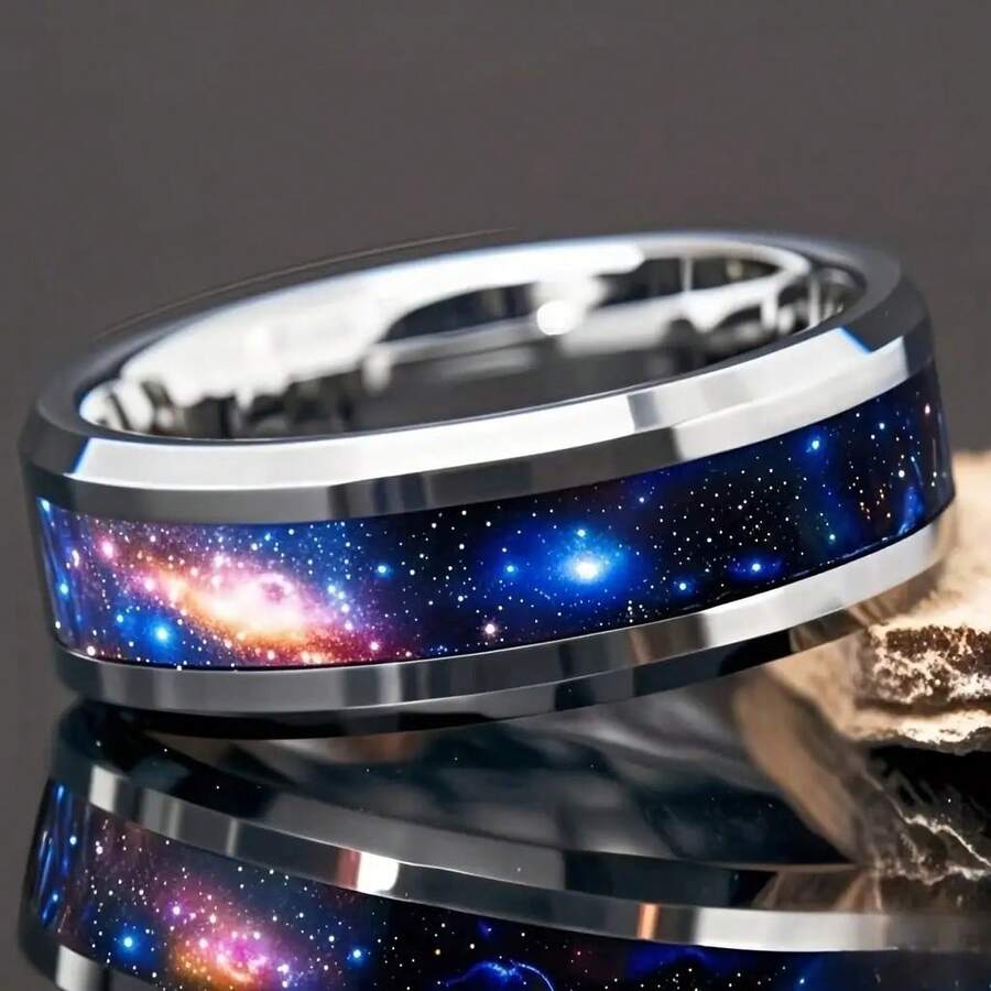 Stainless Steel For Galaxy Ring For Men - Cosmic Starry Night Design, Comfort Fit, Perfect For Engagement, Wedding, Or Valentine'S Day Gift, Wedding Jewelry | Cosmic Design | Durable Ring - 銀色 - 查看 1