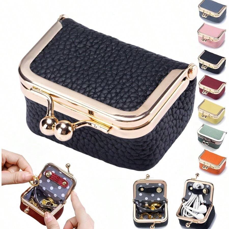 CZ Mini Leather Jewelry Box Tiny Travel Jewelry Case Women's Small Genuine Leather With Kiss Lock Coin Purse Portable Solid Color Wallet For Ring Necklace Earring Black Small 7547 - 黑色 - 查看 1