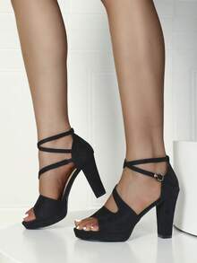 春夏女士舒适厚底露趾踝带高跟凉鞋，优雅舒适，适合日常、派对、时尚、度假等各种场合 - 黑色 - 查看 6