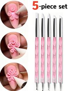 5支双头亚克力硅胶美甲笔套装，包括金属水钻点钻笔、大理石纹理笔、浮雕笔、软陶水钻点钻笔和不锈钢美甲点钻笔 - 彩色 - 查看 1