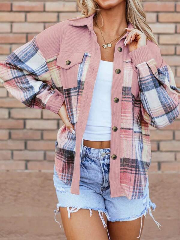 Women's Regular Jacket, Solid Color Patchwork Plaid Pocket Long Sleeve Casual Shirt/Jacket, Suitable For Street Style, Halloween, Christmas, Spring, Daily Wear