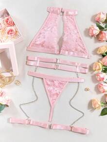 Halter Heart Ring Cutout Chain Floral Lace Sheer Garter Belt Lingerie Set 3 Piece - Navy Blue - View 10