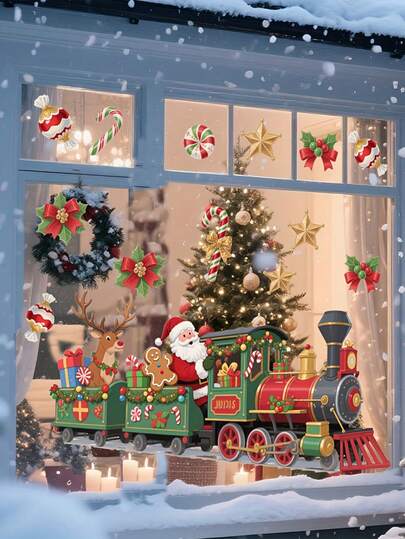 1pc A Hand-Drawn Christmas Santa Claus Train Bell Glass Sticker Christmas Decoration Window Sticker PVC Self-Adhesive Removable Wall Stickers 11.81*23.62in For Entryway Living Room Bedroom & Glass Windows Create A Holiday Atmosphere Make Room Decoration More Interesting Home Decor Christmas Decorations Room Decor Wall Decor Christmas Decorations Home