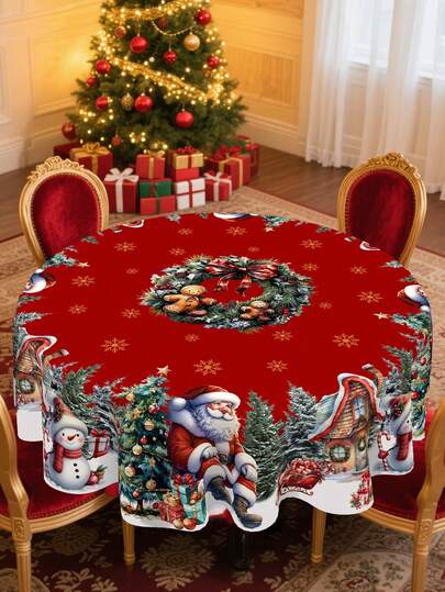 1 szt. świąteczny obrus, świąteczny obrus z bałwanem, Świętym Mikołajem, choinką i płatkami śniegu, okrągły obrus z poliestru o średnicy 150/180 cm, dekoracja świąteczna, artykuły na imprezę świąteczną, dekoracje świąteczne, dekoracje świąteczne, dekoracje do domu, artykuły kuchenne, dekoracja stołu, dekoracje na stół