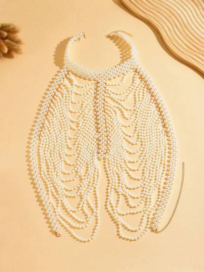 1pc Elegant Multilayer Wavy Luxury Handmade Beaded Bridal Chest Accessory, Long Wedding Dress Decor