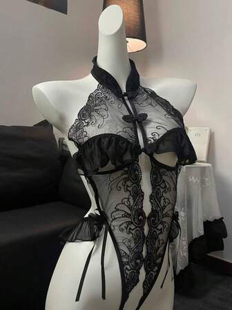 1pc Sexy Lace Jumpsuit] 1pc Sexy Lace Jumpsuit | Elegant Women's Seductive Battle Robe, Polyester Spandex Blend, Medium Stretch, Hand Wash Only, Solid Color, Hook & Loop Detail, Adult Women's Sexy Lingerie Clothing