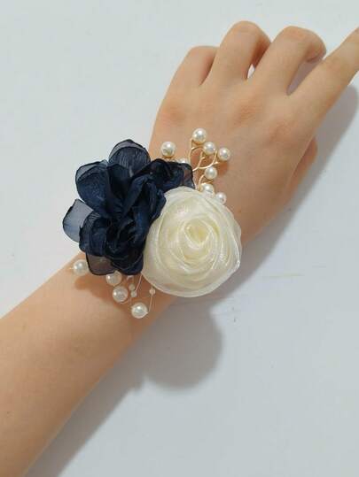 1pc Women's Wrist Flower, Olive Green Camellia Paired With Beige Rose Decor, Elegant Floral Bracelet With Beads For Bride, Bridesmaid, Wedding, Party, Daily Wear Valentine's Day Accessories