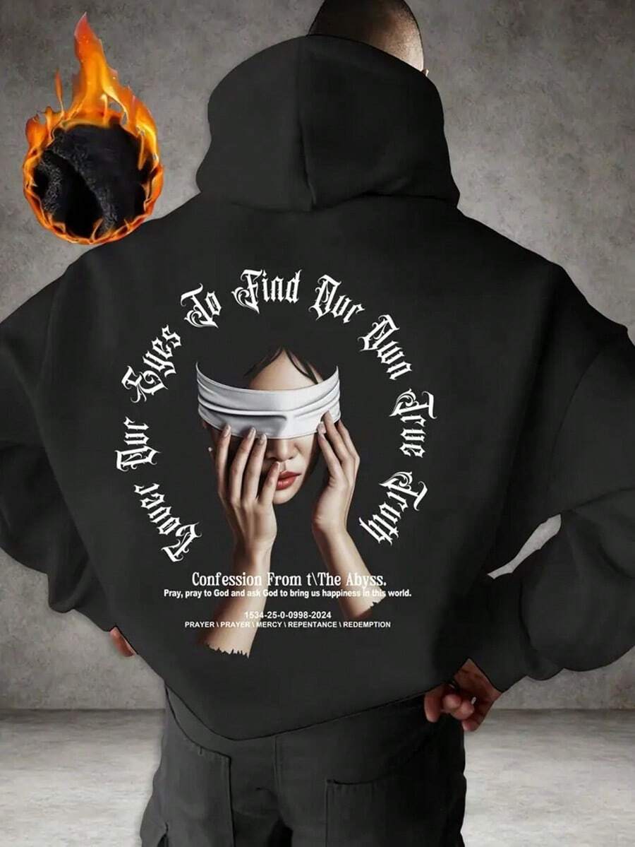 Street Style Men's Hoodie With Graphic Print, 100% Polyester Knit Fabric, Long Sleeve Drawstring Hooded Pullover With Slight Stretch,Fall Hoodies,Men's Fall Clothes,Street Wear,Halloween,Mens Hoodies,Y2k Clothes,Jesus Hoodie,Thanksgiving Day,Nightmare Before Christmas,Christmas - Black - View 1