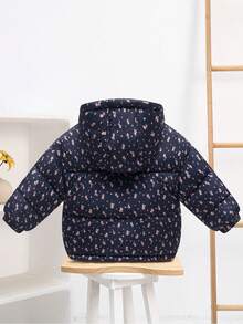秋冬新款海军蓝碎花女婴保暖外套，带帽保暖加厚羽绒服，卡通绗缝外套 - 藍色 - 查看 2