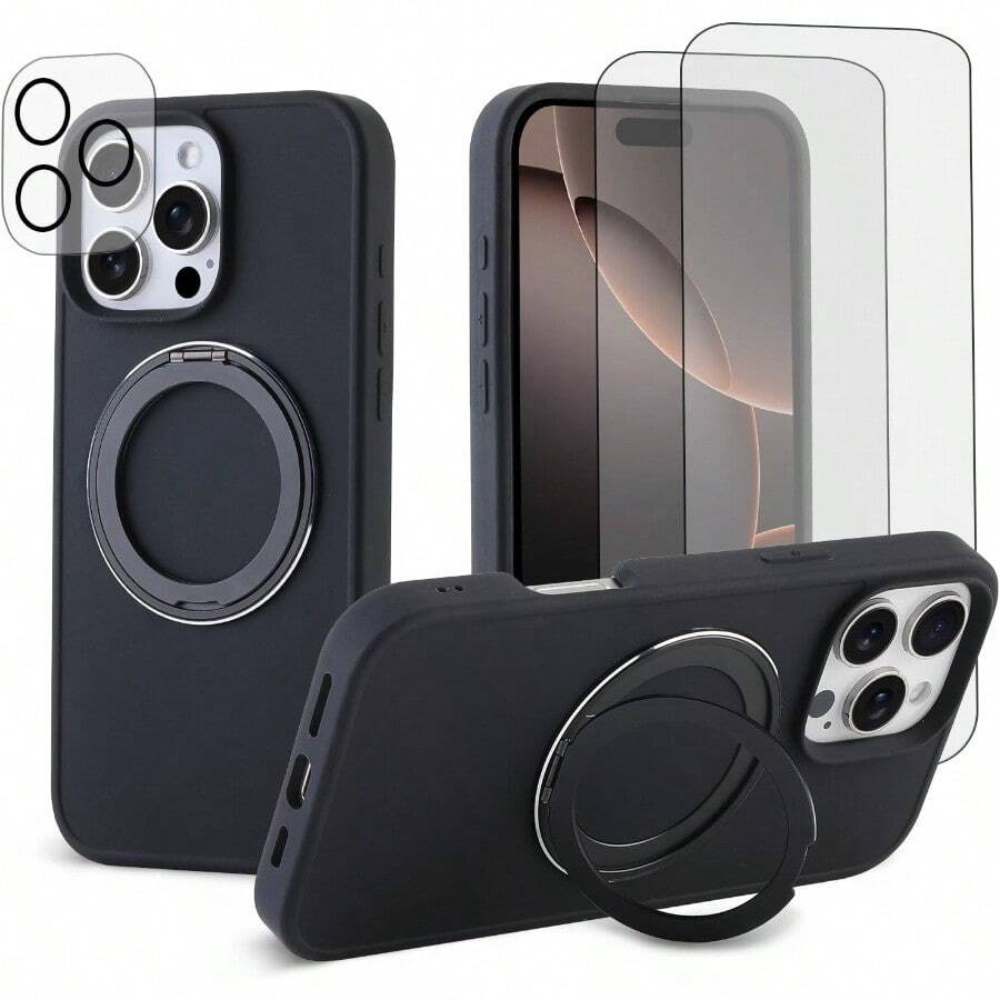 GYJ    360 Rotatable Magnetic Ring Stand For IPhone 16 Pro Max Case 6.9 Compatible With MagSafe With [2X Screen Protectors+1x Lens Protector] Shockproof Drop Protection Silicone Case Black153 - 黑色 - 查看 1