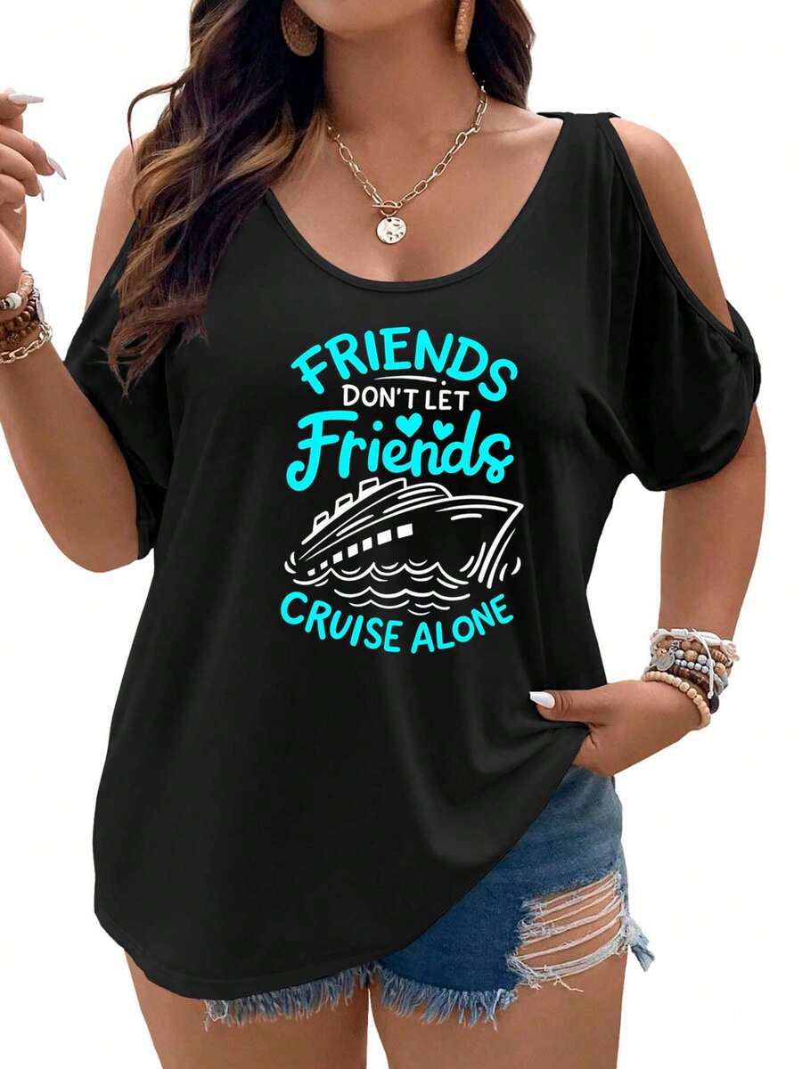 Friends Don't Let Friends Cruise Alone Women Cold Shoulder Tops Summer Short Sleeve Shirt Plus Size - màu đen - Xem 1