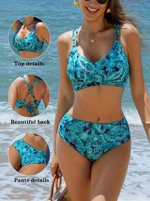 Women's Sexy Printed Spaghetti Strap Bikini Set, Swimsuit With Triangle Bottoms, Casual Beach Vacation Summer - Green - View 1