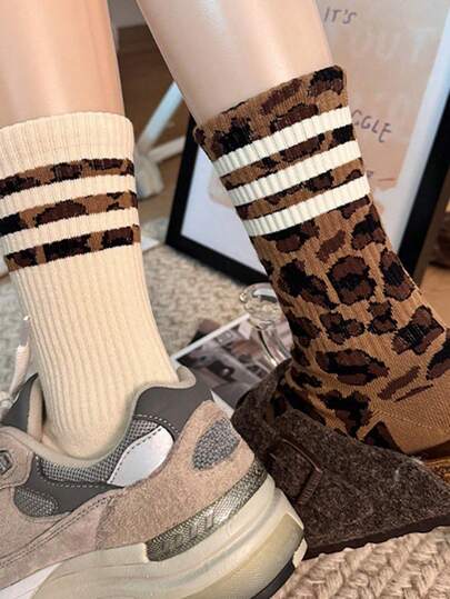 Of Women'S Stylish Knee-High Socks, Striped Leopard Print Socks For Women, Comfortable And Soft Sports Socks. 1pair/4pairs