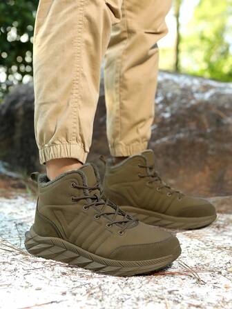 男士徒步靴，军绿色防滑防水保暖冬季鞋，带绒面内衬，舒适男士冬季雪地靴，适合日常通勤、户外徒步、远足、狩猎、露营