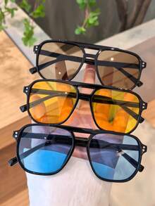 3 pares de gafas de moda para playa con diseño calado, adecuadas para uso diario, vacaciones en la playa, combinación con atuendos de pesca y ocio en la playa - Marrón café + amarillo + azul - Ver 14
